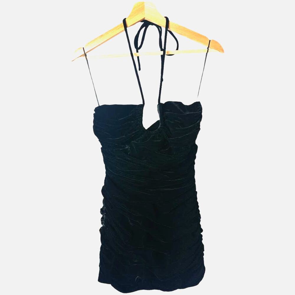 ZARA Black Velvet Ruched Halter Mini Dress Womens S Backless Party Cocktail